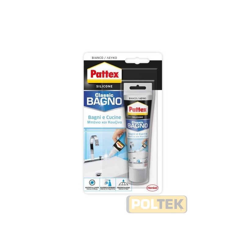 Silicone acetico bianco. È resistente all'acqua, antimuffa, non cola. Applicazioni: sanitari, vasche da bagno, piani doccia, sc