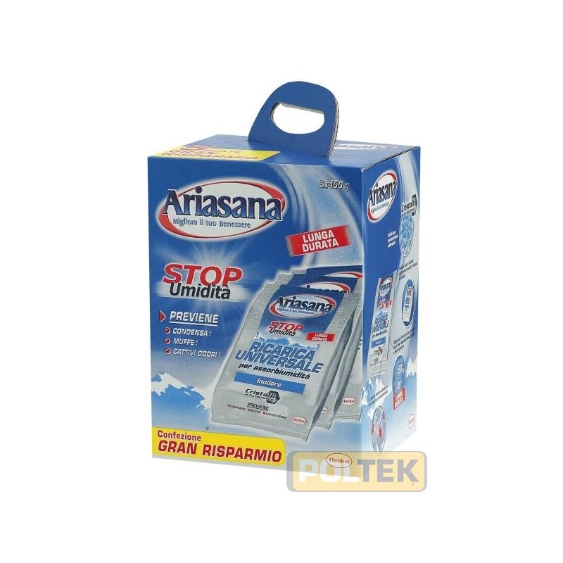 Ariasana ricarica da 450g., composta da cristalli Dry System, assorbe efficacemente l'eccesso di umidità per una migliore quali