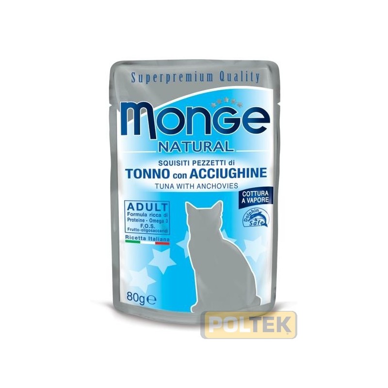 Alimento complementare per gatti adulti con deliziosi pezzetti di tonno con acciughine, cotto al vapore, prodotto in Thailandia,