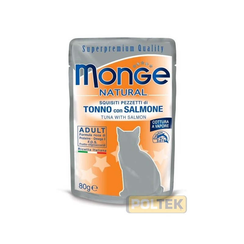 Alimento complementare per gatti adulti con deliziosi pezzetti di tonno con salmone, cotto al vapore, prodotto in Thailandia, co