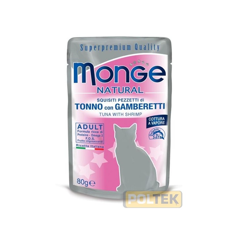 Alimento complementare per gatti adulti con deliziosi pezzetti di tonno con gamberetti, cotto al vapore, prodotto in Thailandia,