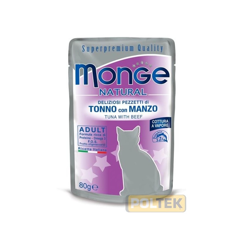 Alimento complementare per gatti adulti con deliziosi pezzetti di tonno con manzo, cotto al vapore, prodotto in Thailandia, con 