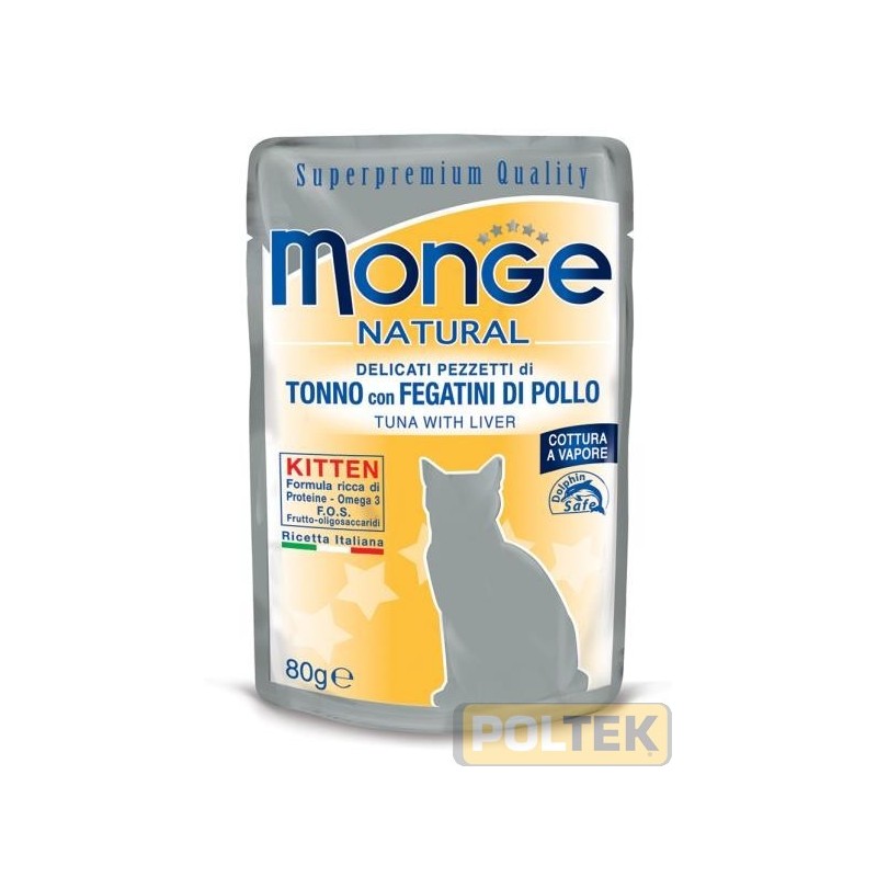 Alimento complementare per gattini con deliziosi pezzetti di tonno con fegatini di pollo, cotto al vapore, prodotto in Thailandi