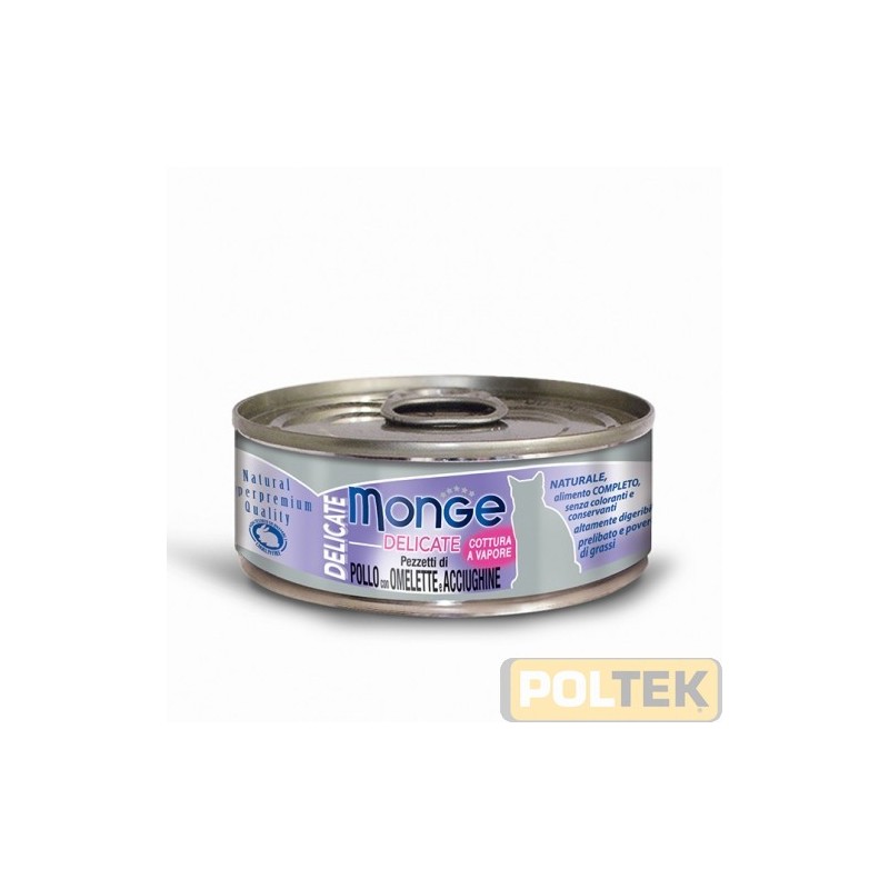 Alimento completo e digeribile per gatti, con delizioso pollo con omelette e acciughine. Un gusto ricercato, adatto ai palati pi