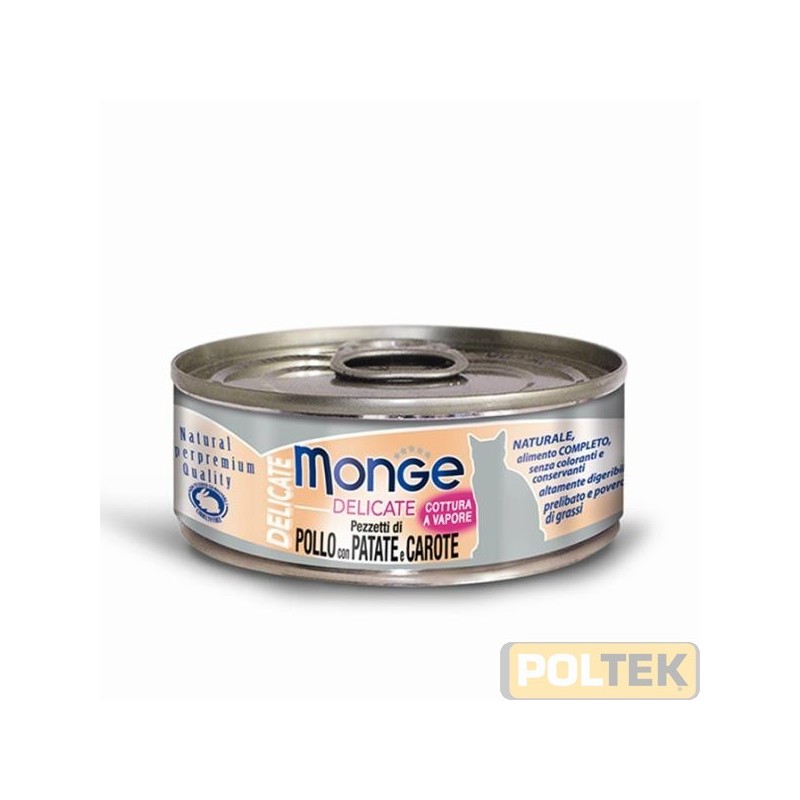 Alimento completo e digeribile per gatti, con delizioso pollo con patate e carote. Un gusto ricercato, adatto ai palati più raf