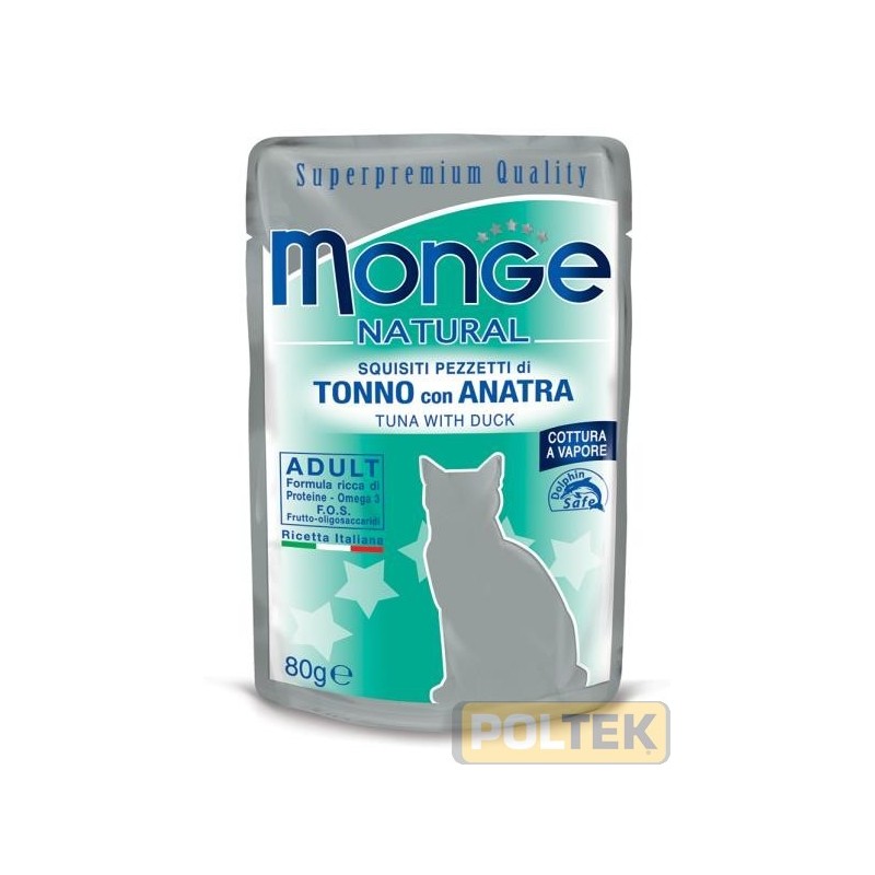 Alimento complementare per gatti adulti con deliziosi pezzetti di tonno con anatra, cotto al vapore, prodotto in Thailandia, con