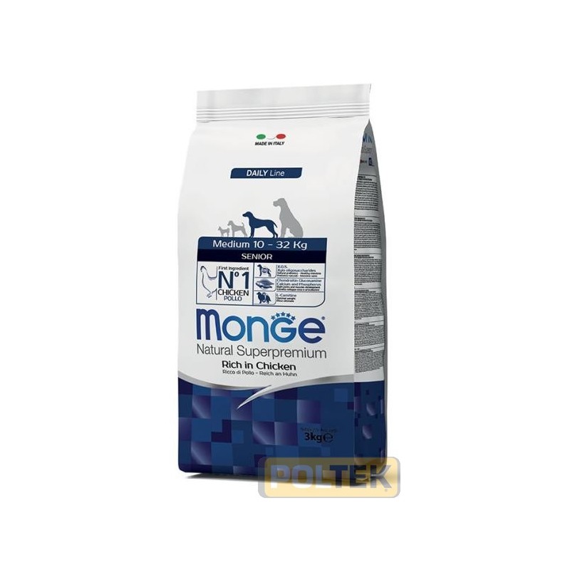 Le crocchette Monge Natural Superpremium Medium Senior con Pollo sono un alimento completo per cani di taglia media in età avan