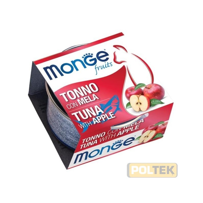 Monge Fruits Tonno con Mela è un alimento complementare pensato per i gatti più raffinati ed esigenti che completa la gamma Mo