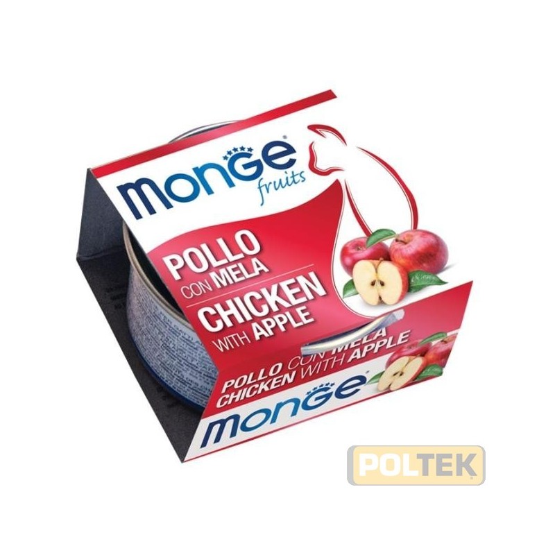 Monge Fruits Pollo con Mela è un alimento complementare pensato per i gatti più raffinati ed esigenti che completa la gamma Mo