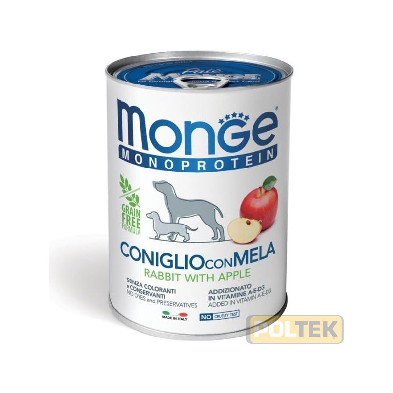 Paté formulato con un’unica fonte proteica, il coniglio selezionato di altissima qualità, con frutta fonte naturale di vitam