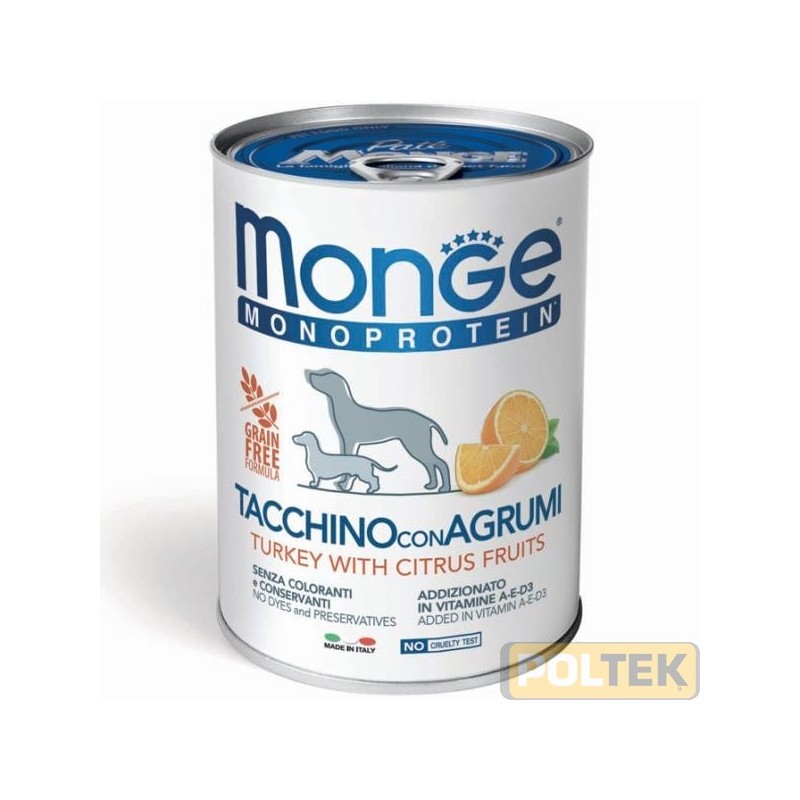 Paté formulato con un’unica fonte proteica, il tacchino selezionato di altissima qualità, con frutta fonte naturale di vitam