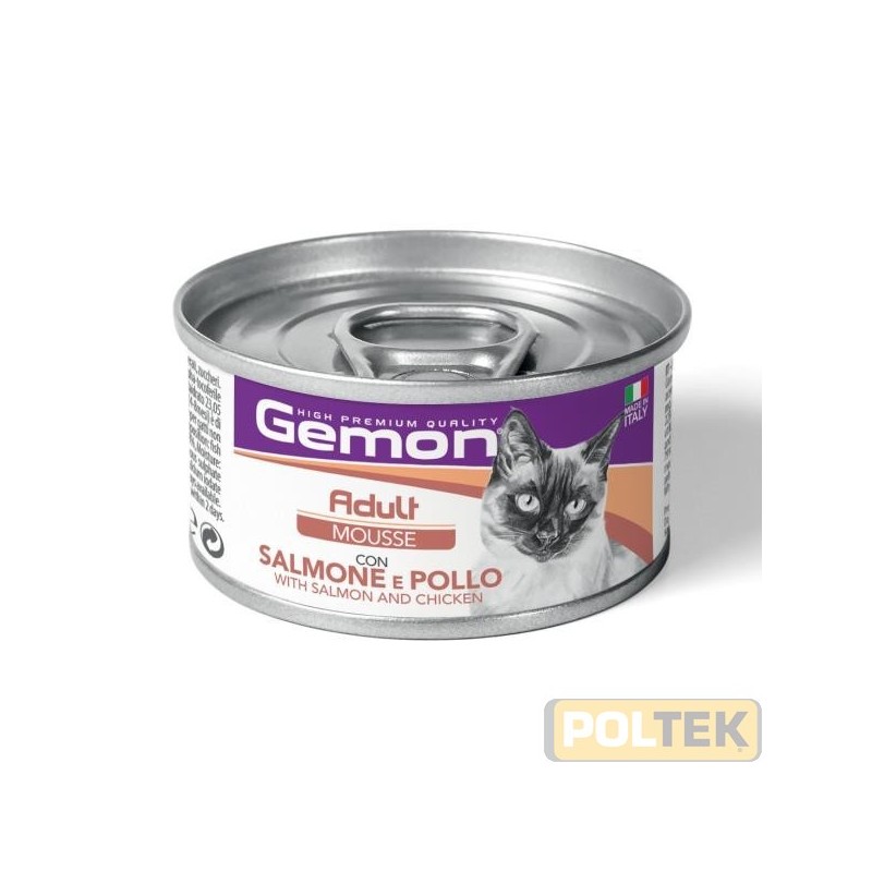 Gemon Adult Mousse con Salmone e Pollo è un alimento completo per gatti adulti, formulato per fornire tutti i nutrienti necess