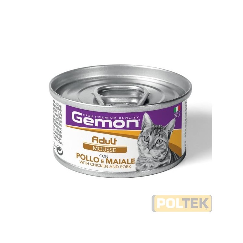 Gemon Adult Mousse con Pollo e Maiale è un alimento completo per gatti adulti, formulato per fornire tutti i nutrienti necessa