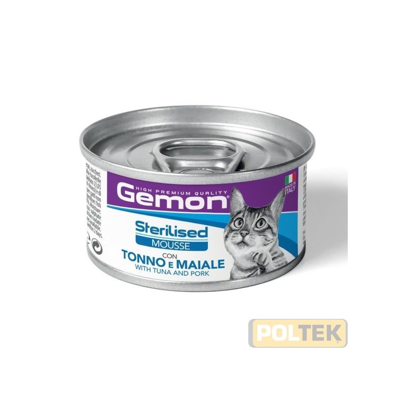 Gemon Sterilised Mousse con Tonno e Maiale è un alimento completo per gatti adulti sterilizzati, formulato per fornire tutti i 