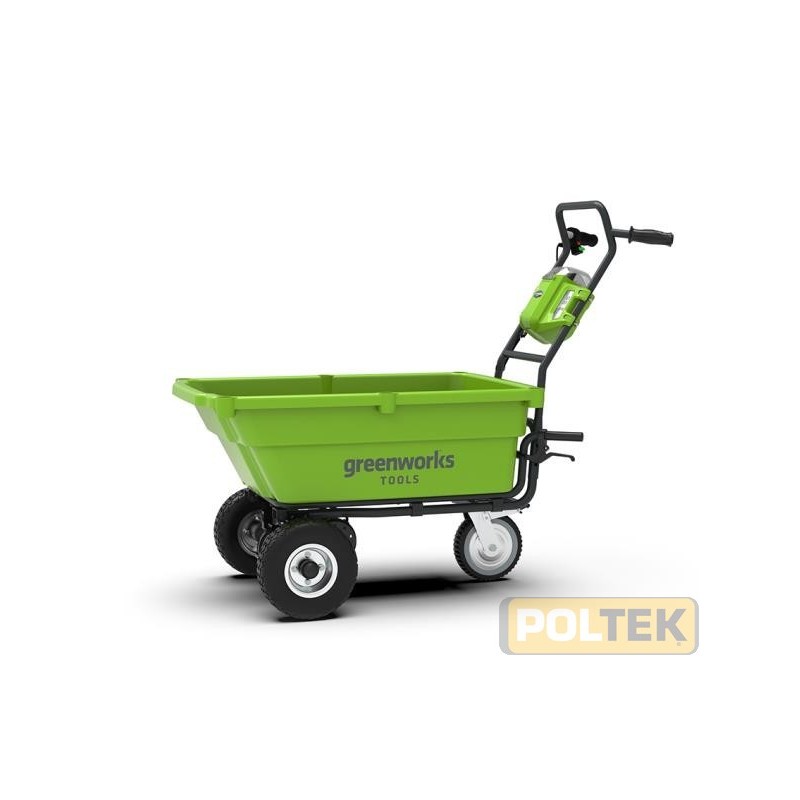 La carriola da giardino semovente di Greenworks a tre ruote è comoda ed utile per il trasporto durante i lavori pesanti per il 