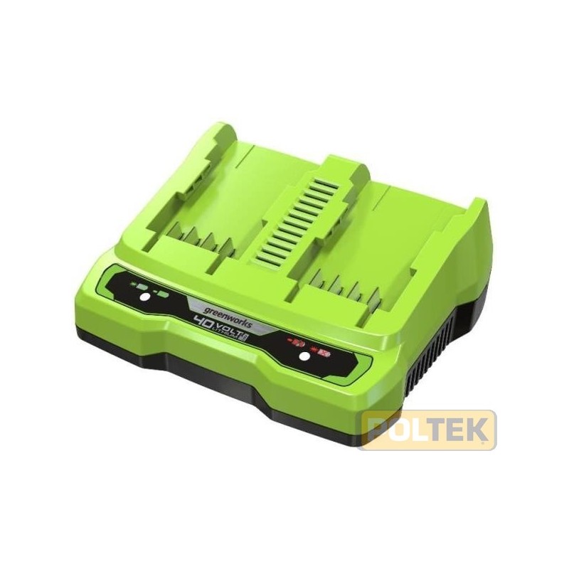 Il caricabatteria universale di Greenworks ha un cavo staccabile con una presa VDE e una BS, il che significa che può adattarsi