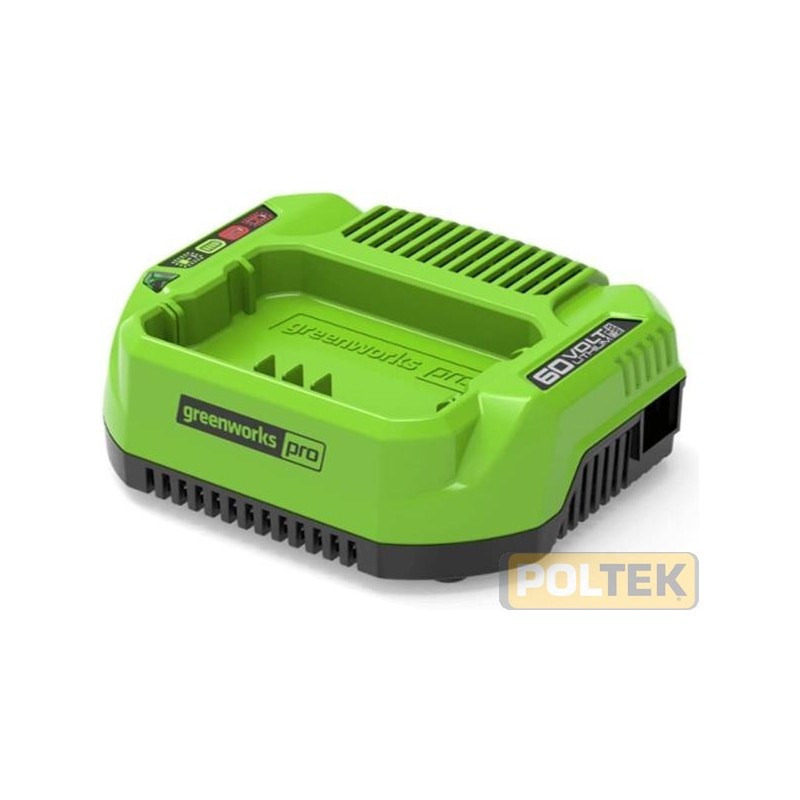 Il caricabatterie universale di Greenworks ha un cavo staccabile con una presa VDE e una BS, il che significa che può adattarsi