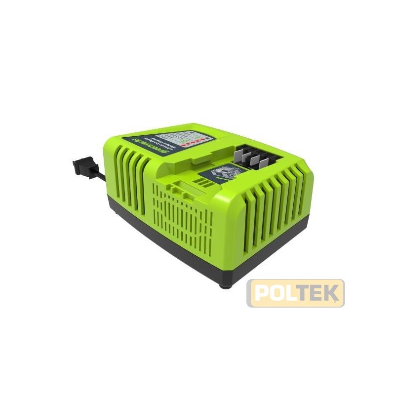 Il caricabatteria rapido universale di Greenworks ha un cavo staccabile con una presa VDE e una BS, il che significa che può ad