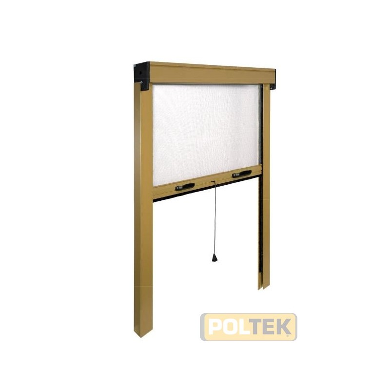 Zanzariera avvolgibile verticale a molla. Struttura in alluminio verniciato. Cassonetto quadrato, ingombro 40 mm. Rete in fibr