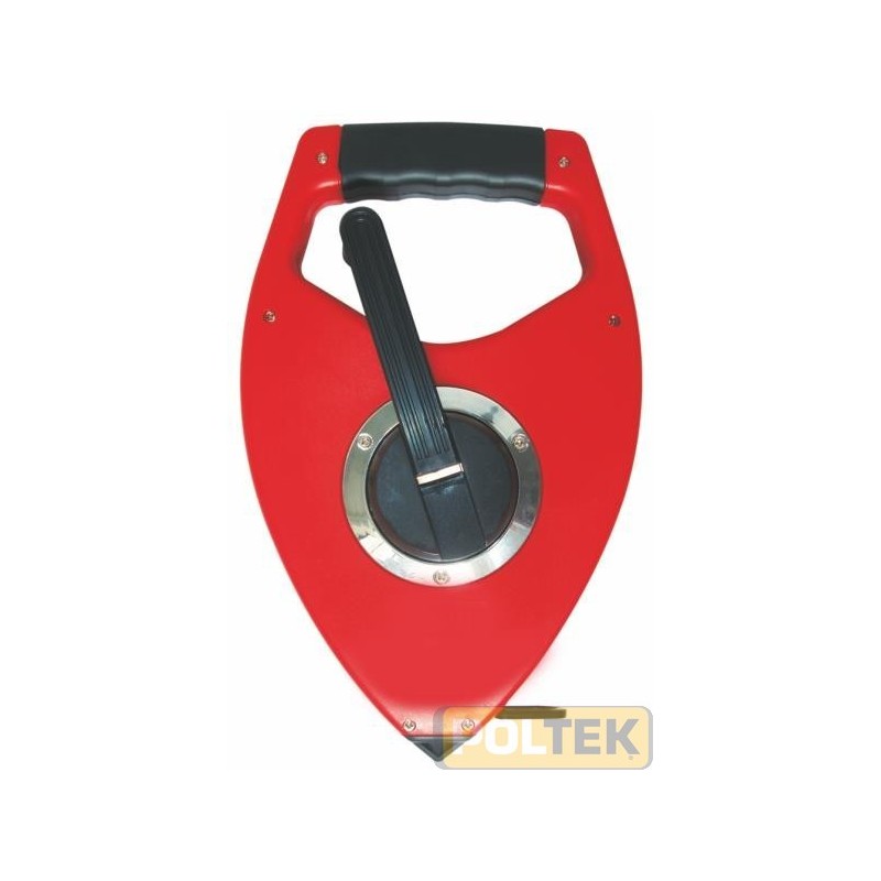 Rotella metrica con corpo in materiale plastico antiurto (ABS) e comoda impugnatura in gomma antiscivolo. Puntale per il bloccag