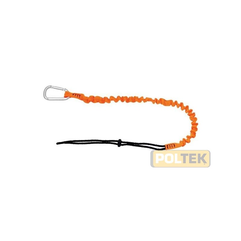 Il cordino è fornito di un moschettone leggero da attaccare alla cintura ed ha una lunghezza di 85 cm in posizione rilassata e 