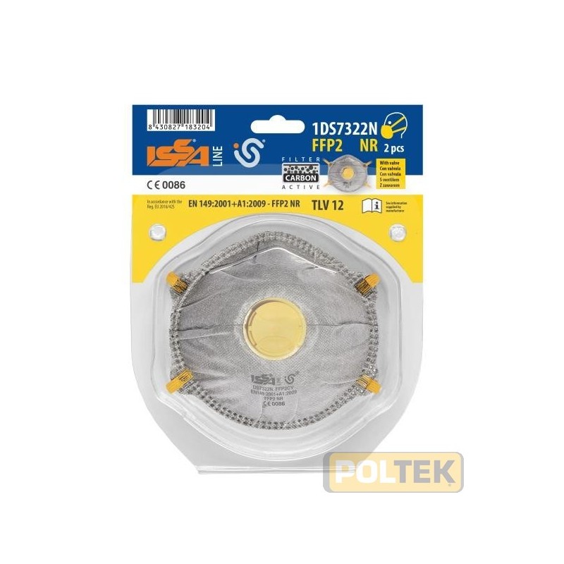 Facciale filtrante per polveri tossiche e nebbie e fumi a base acquosa. Il livello di protezione è pari a 12 volte il TLV (sogl