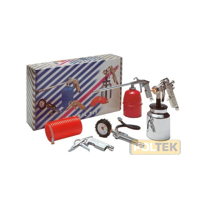 Contiene: Pistola per soffiaggio, pistola gonfiagomme, pistola per lavaggio, aerografo adatto per ogni tipo di vernice, spirale 