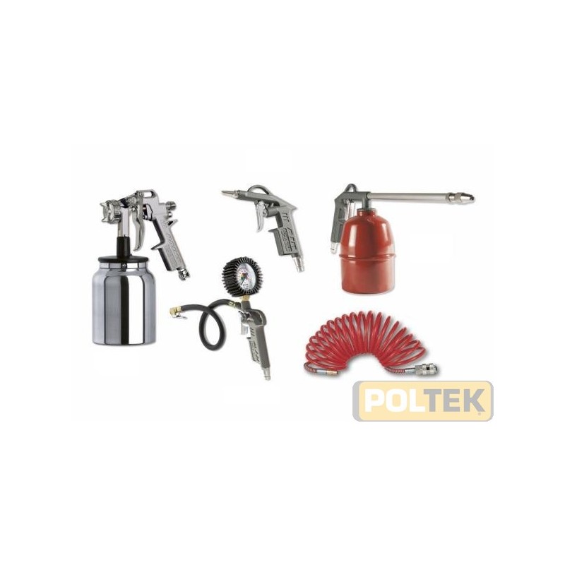 Contiene: Pistola per soffiaggio, pistola gonfiagomme, pistola per lavaggio, aerografo adatto per ogni tipo di vernice, spirale 