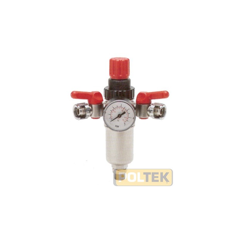 Riduttore di pressione con filtro, manometro d.40 a 2 rubinetti in linea. Pressione massima 12 BAR.