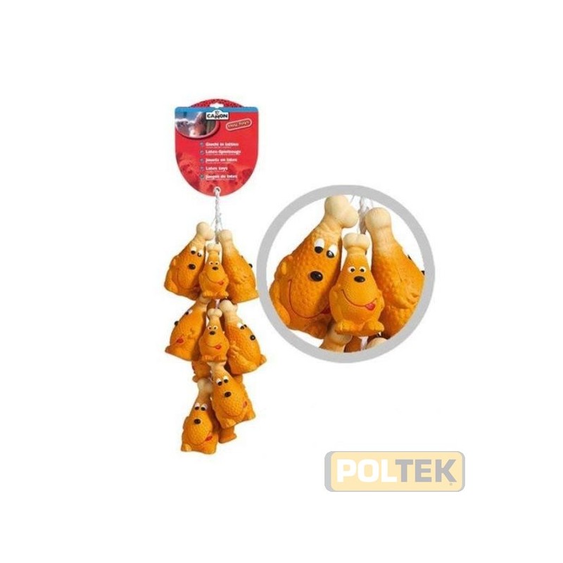 Riproduzioni in lattice, con imbottitura in ovatta, di cosce di pollo con divertenti faccette, disponibili nelle 2 misure rispet