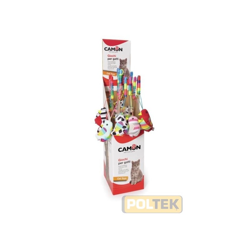 Simpatici giochi per gatto costituiti da una cannetta nella quale estremità è legato un piccolo volatile oppure un piccolo top