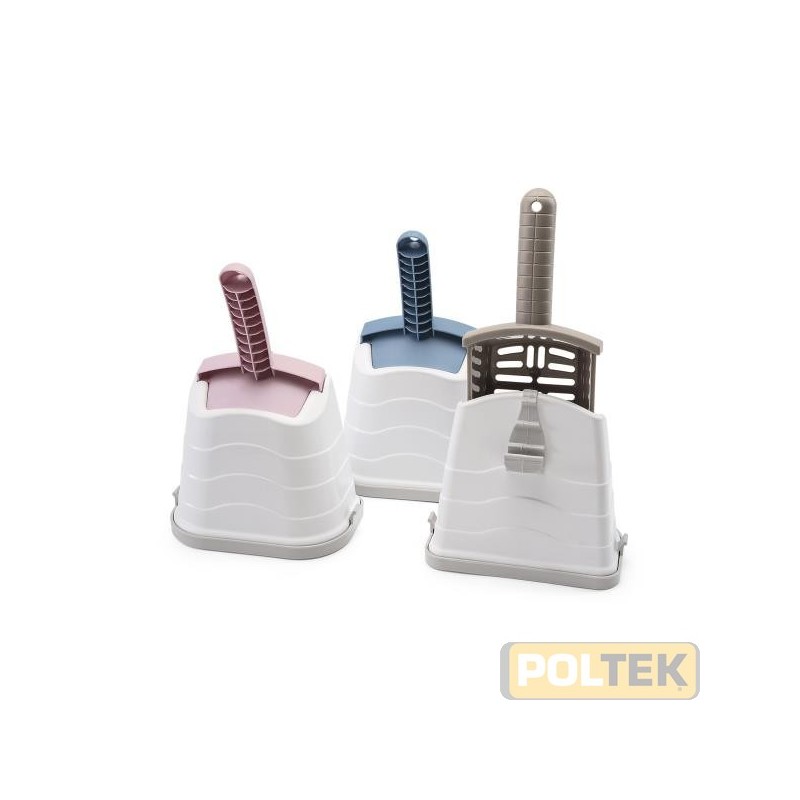 Romeo comodissima paletta in plastica per lettiere con contenitore dove riporla. Dotata di fessure uniformi per filtrare ogni ti